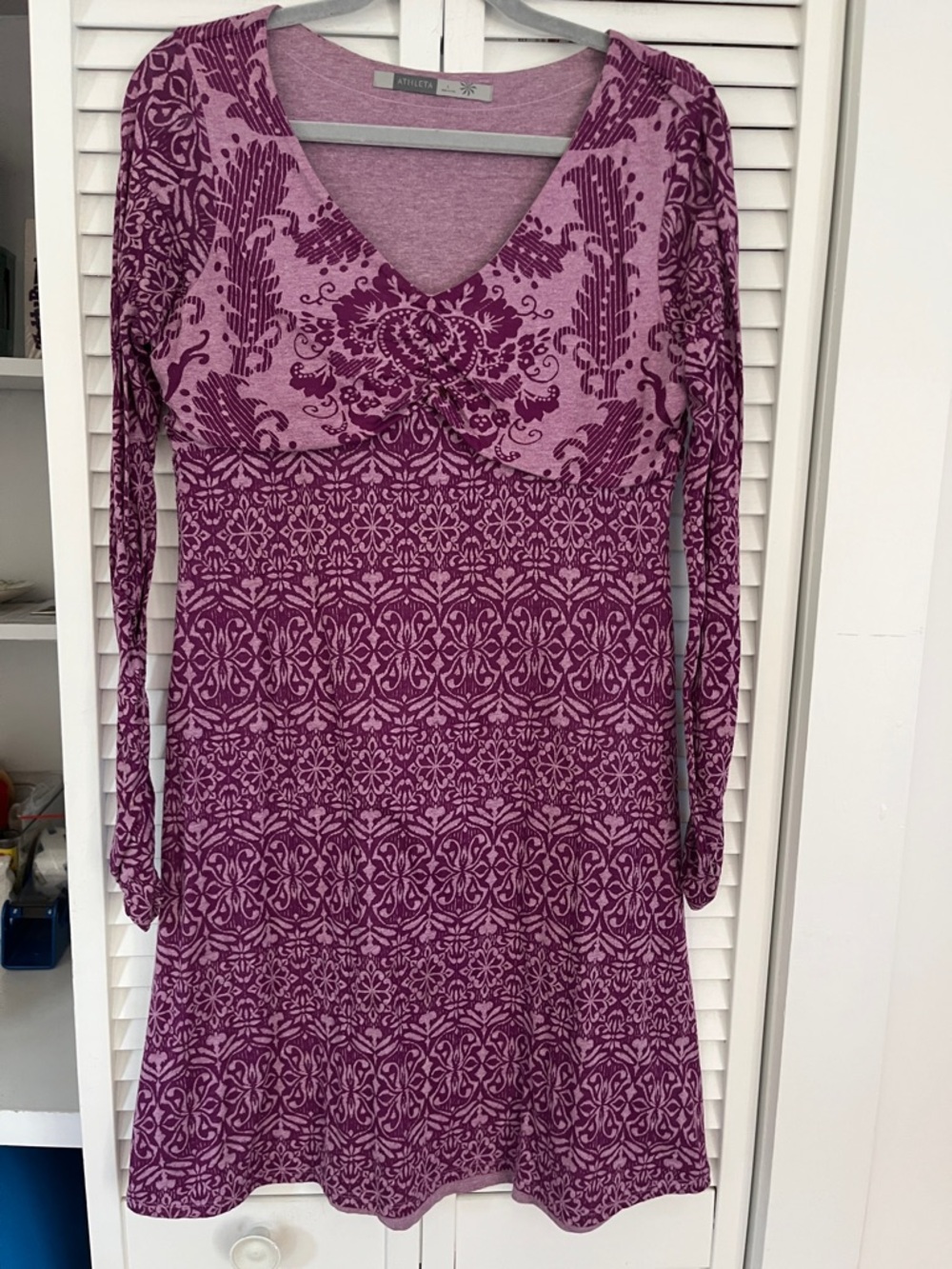 Athleta Hot Creek Plum Patterned V-Neck Long Sleeve Dress - Picture 1 of 5